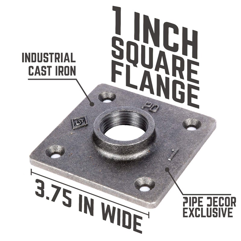 PIPE DECOR 1" Square Floor Flange Fitting, 4-Pack, Malleable Iron, Fits One Inch Diameter Black Steel Plumbing Pipes and Nipples, Build Vintage DIY Pipe Industrial Furniture and Shelving - Image 2